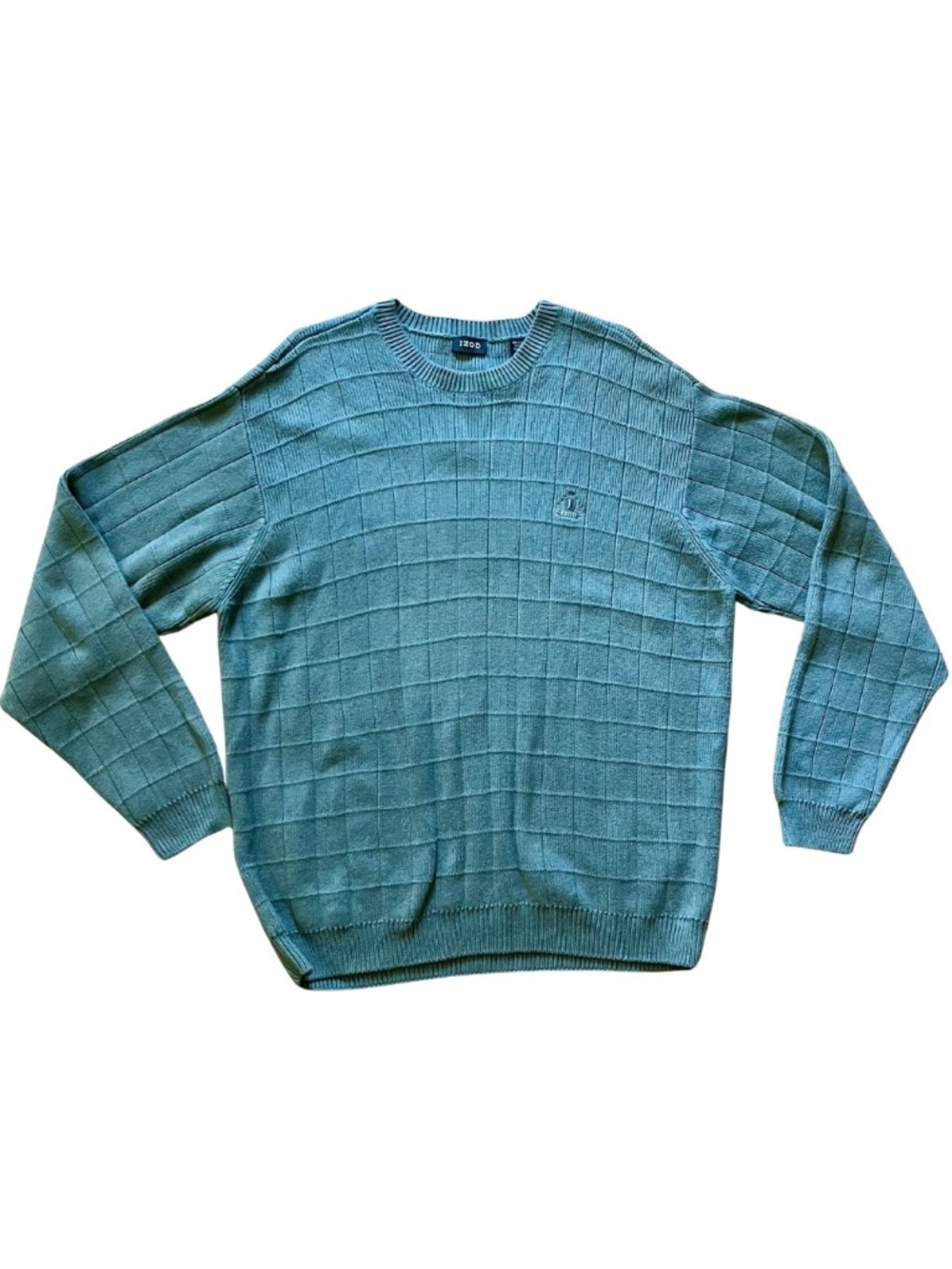 Izod Men's French Blue Long Sleeve Knit Sweater 100% Cotton Preppy Windowpane